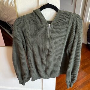 Olive Green Knit Zip-Up Sweater